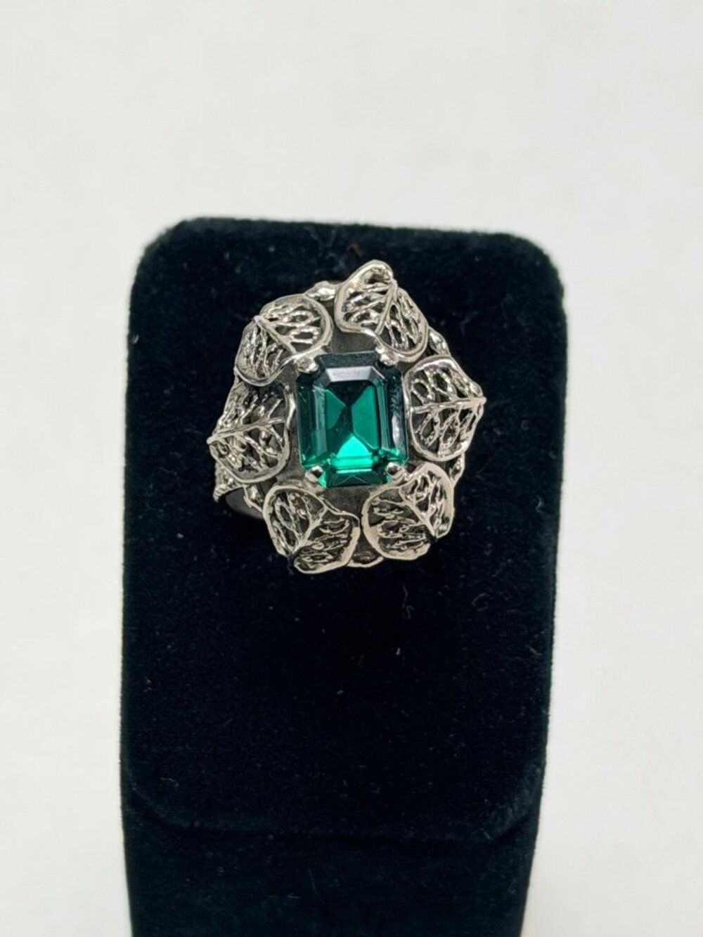 Vintage Ring Made In Germany Green Glass Adjustable Silver Tone Filigree